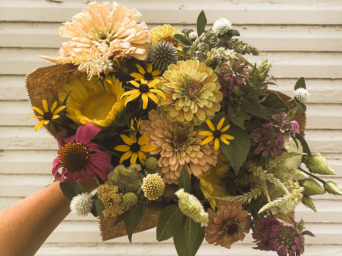 A late-summer bouquet from Little Bend Flower Farm wrapped in kraft paper — zinnias, rudbeckia triloba, sunflowers, coneflower, celosia, and gomphrena.